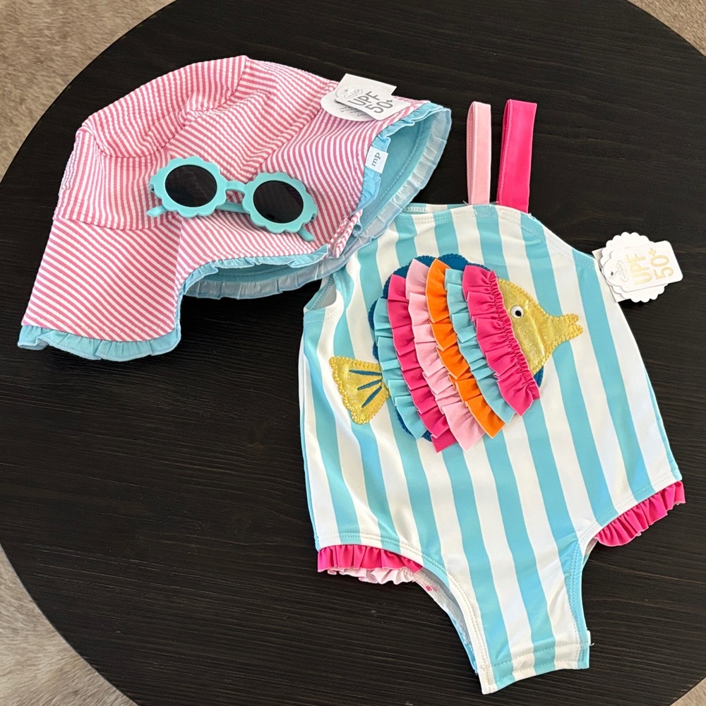 NWT Striped Swimsuit and Hat Set with Fish Design MUDPIE